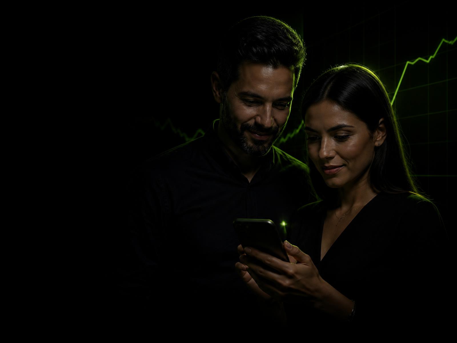 Casal acompanhando as finanças pelo celular