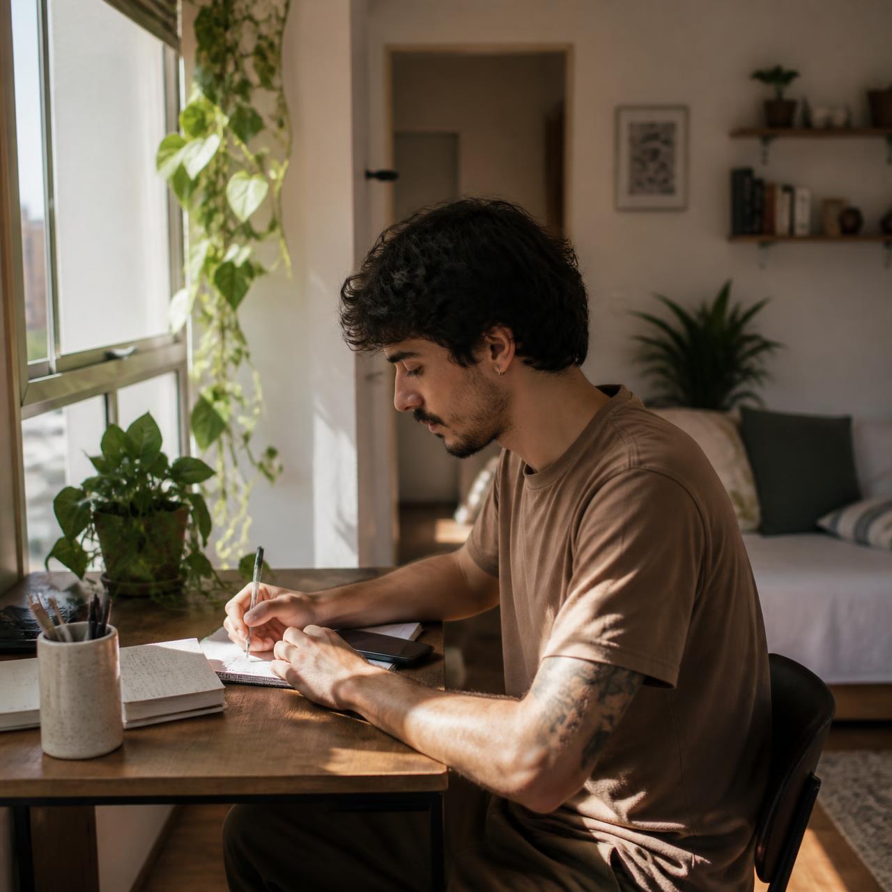 Jovem adulto organizando sua rotina financeira no primeiro apartamento